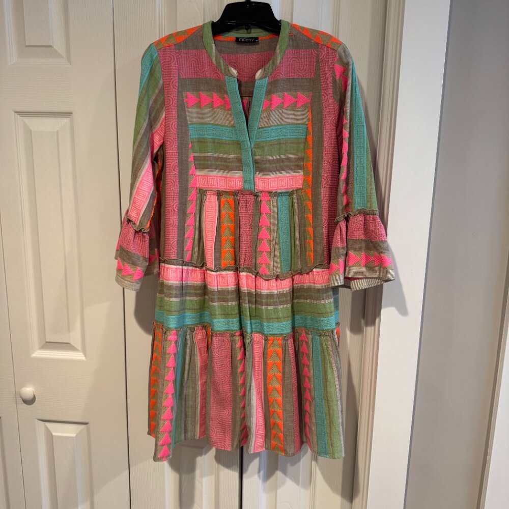 APNY Mixed Print Tiered Cotton Tunic Dress in Pink Multi Size M - Picture 9 of 14